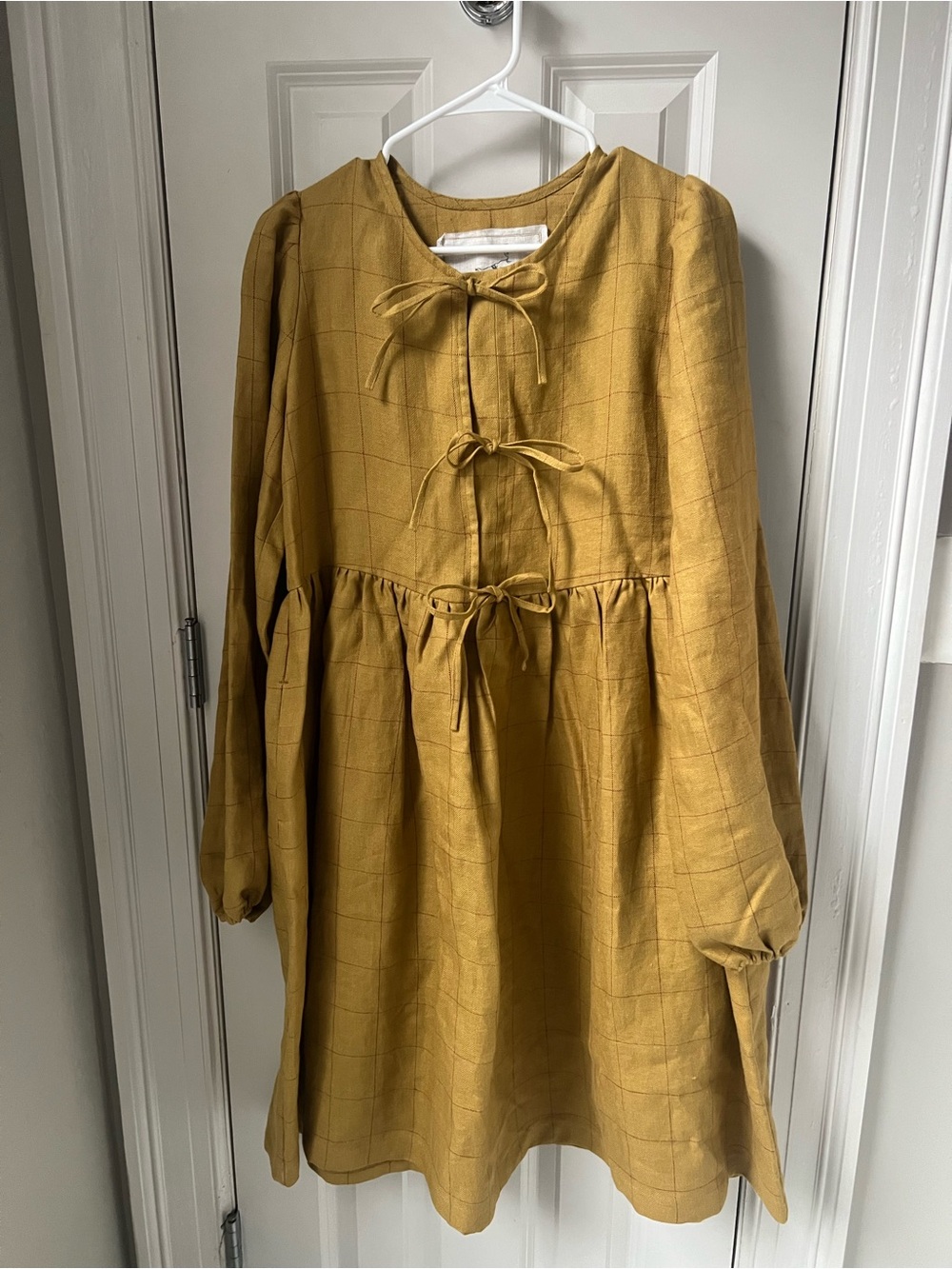NotPerfectLinen NPL SKYE bow tie linen dress in mustard check size S/M
